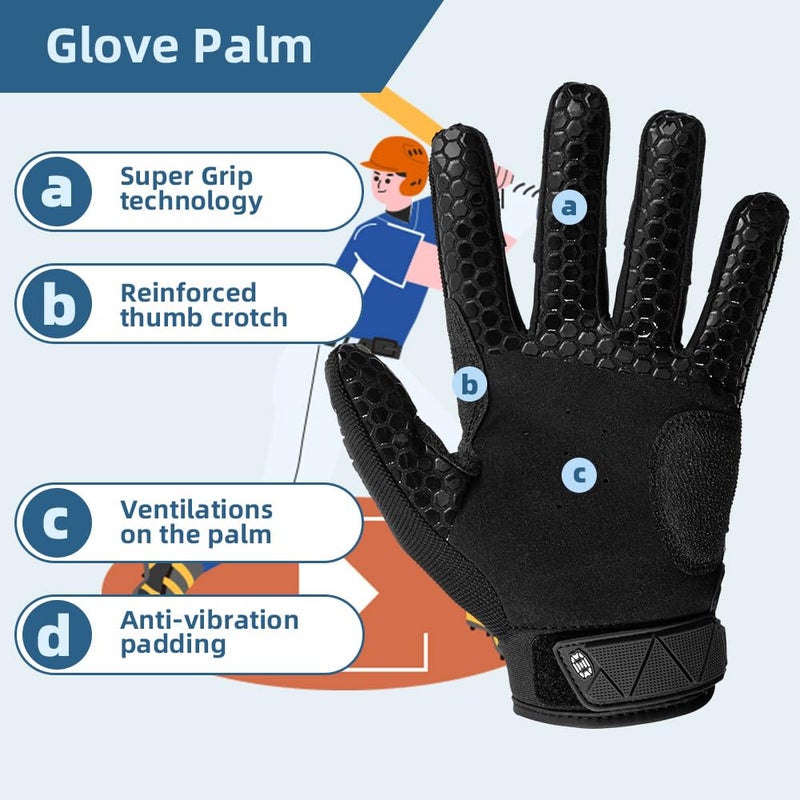 Seibertron S.P.B.G 2.0 Baseball/Softball Batting Super Grip and Protective Gloves Youth Black XL - Image 4